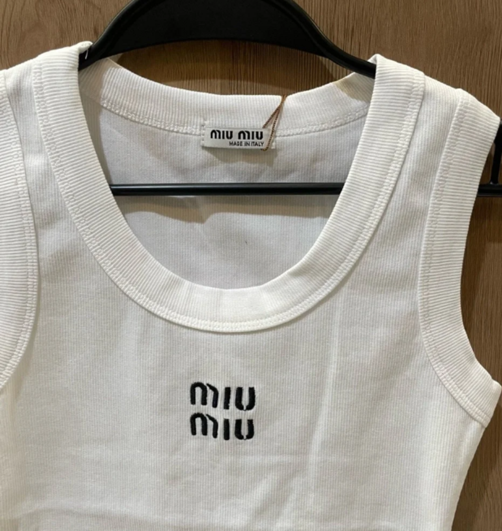 Miu Miu White Ribbed Logo Tank Top - Picture 4 of 4